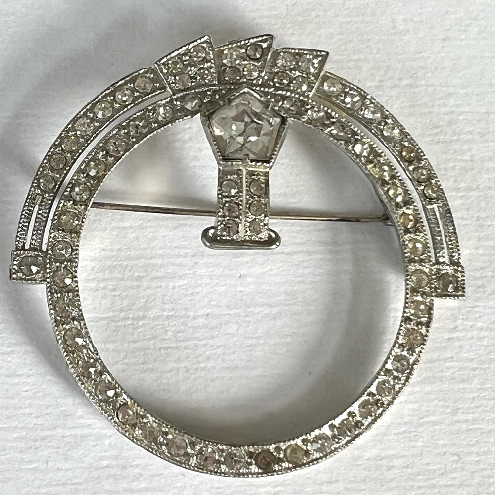Vintage Art Deco silver tone brooch pin AS IS(some cloudy stones)